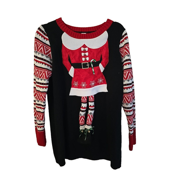 Holiday Time Black Ugly Christmas Elf Knit Pullover Sweater Womans Size Large - Picture 1 of 4